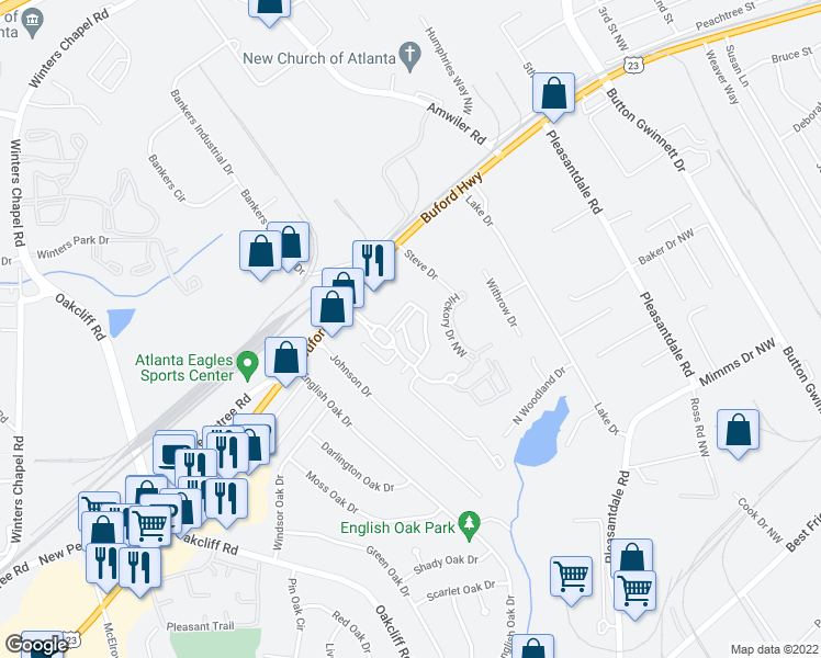 map of restaurants, bars, coffee shops, grocery stores, and more near 7073 Elmwood Ridge Court in Atlanta