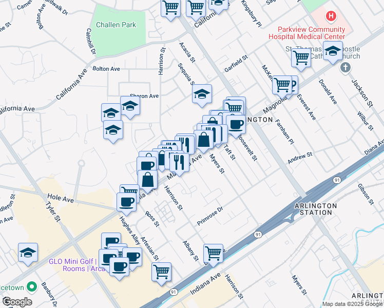 map of restaurants, bars, coffee shops, grocery stores, and more near 9741 Magnolia Avenue in Riverside