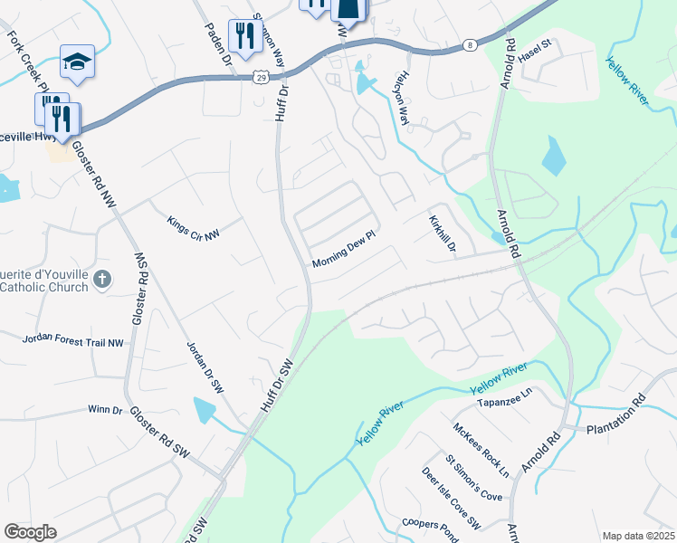 map of restaurants, bars, coffee shops, grocery stores, and more near 2465 Planters Cove Circle Northwest in Lawrenceville