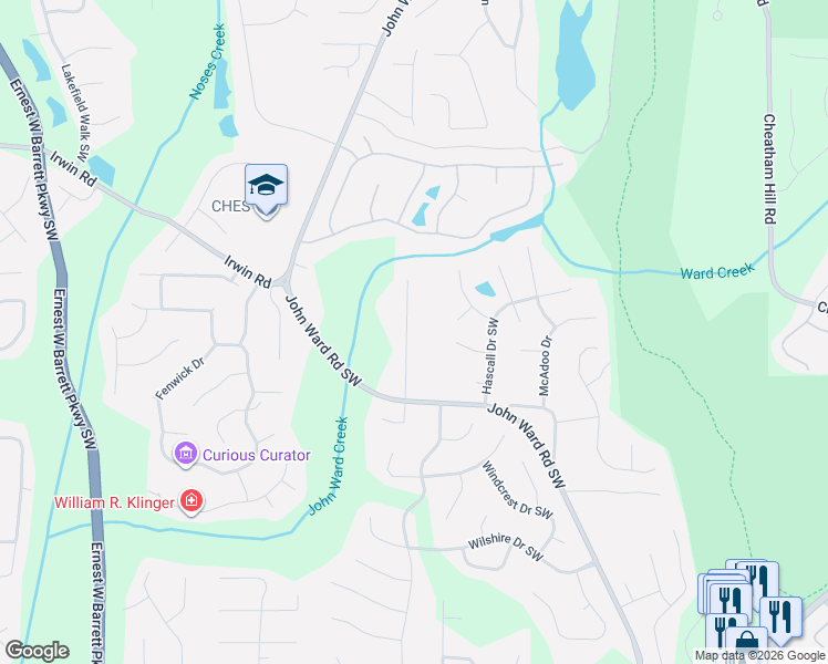 map of restaurants, bars, coffee shops, grocery stores, and more near 1365 Willowbrook Drive Southwest in Marietta