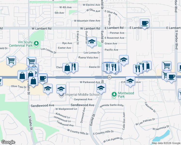 map of restaurants, bars, coffee shops, grocery stores, and more near 287 Vista Drive in La Habra