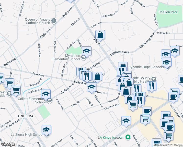 map of restaurants, bars, coffee shops, grocery stores, and more near 4304 Baggett Drive in Riverside