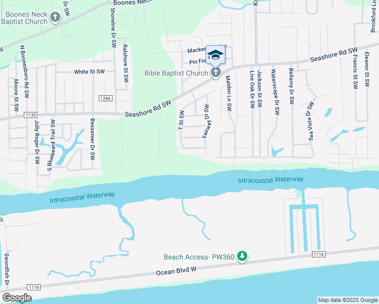 map of restaurants, bars, coffee shops, grocery stores, and more near 2529 Gator Lane Southwest in Brunswick County
