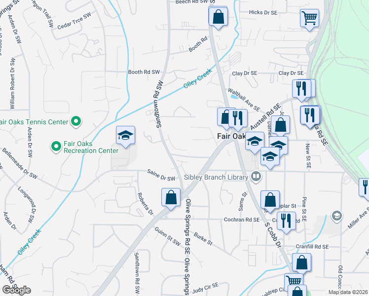 map of restaurants, bars, coffee shops, grocery stores, and more near 25 Osborne Road Southeast in Marietta