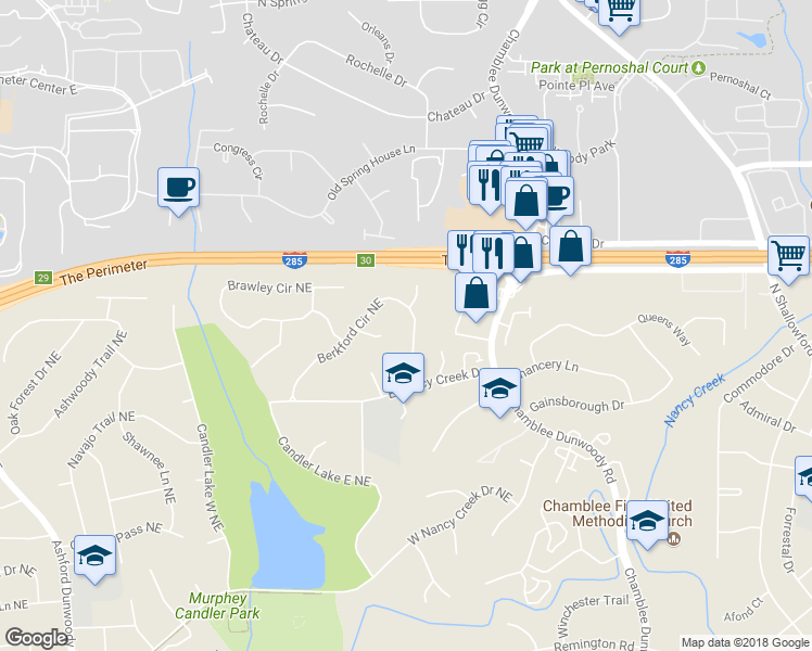 map of restaurants, bars, coffee shops, grocery stores, and more near 4329 Berkford Circle Northeast in Atlanta