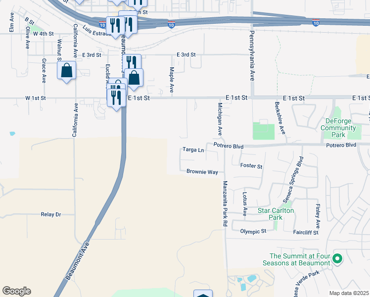 map of restaurants, bars, coffee shops, grocery stores, and more near 789 Targa Lane in Beaumont