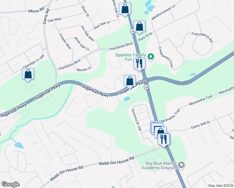 map of restaurants, bars, coffee shops, grocery stores, and more near 760 Old Johnson Road Southwest in Lawrenceville