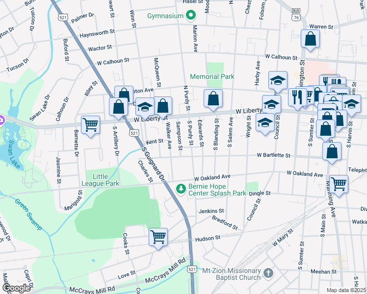 map of restaurants, bars, coffee shops, grocery stores, and more near 31 Sampson Street in Sumter