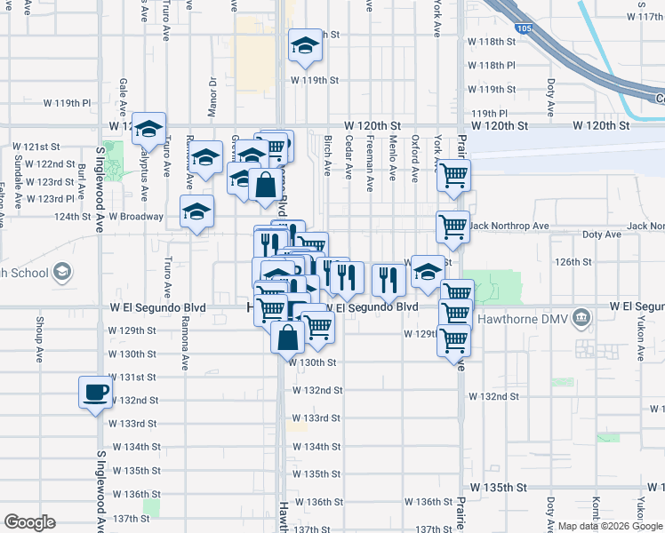 map of restaurants, bars, coffee shops, grocery stores, and more near 12602 Birch Avenue in Hawthorne