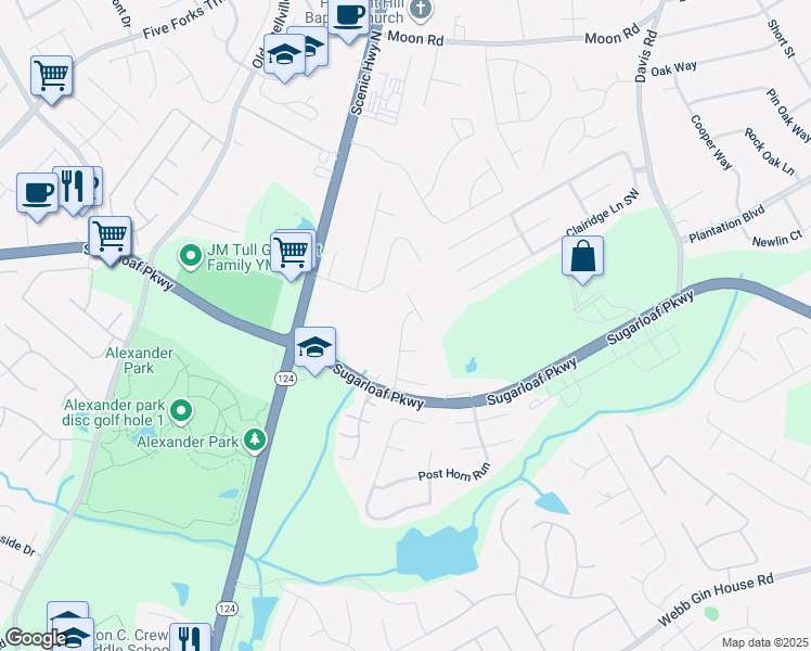 map of restaurants, bars, coffee shops, grocery stores, and more near 1119 Treymont Lane Southwest in Lawrenceville