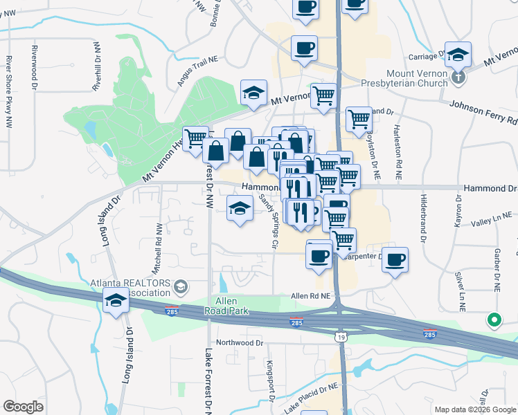 map of restaurants, bars, coffee shops, grocery stores, and more near 142 Reddington Place Northeast in Atlanta