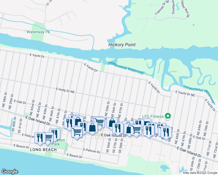 map of restaurants, bars, coffee shops, grocery stores, and more near 317 Northeast 55th Street in Oak Island