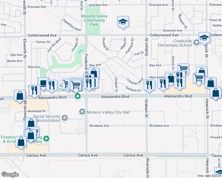 map of restaurants, bars, coffee shops, grocery stores, and more near 13933 Chagall Court in Moreno Valley