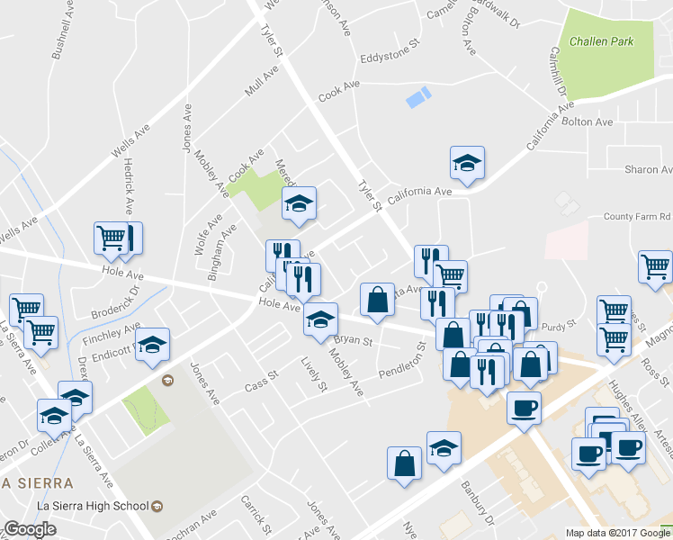 map of restaurants, bars, coffee shops, grocery stores, and more near 4281 Baggett Drive in Riverside
