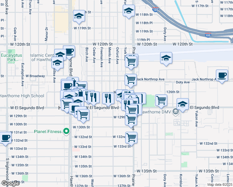 map of restaurants, bars, coffee shops, grocery stores, and more near 12605 York Avenue in Hawthorne