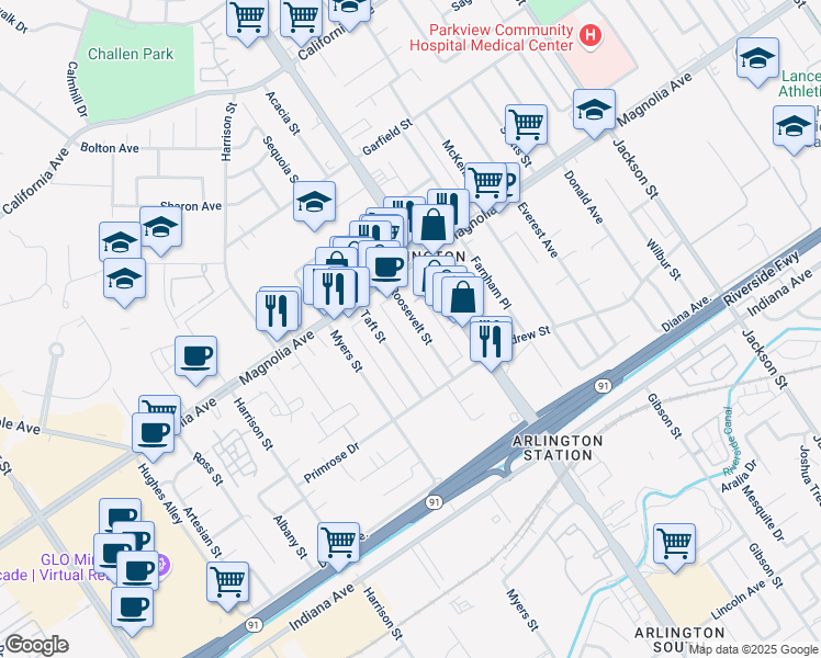 map of restaurants, bars, coffee shops, grocery stores, and more near 3714 Roosevelt Street in Riverside