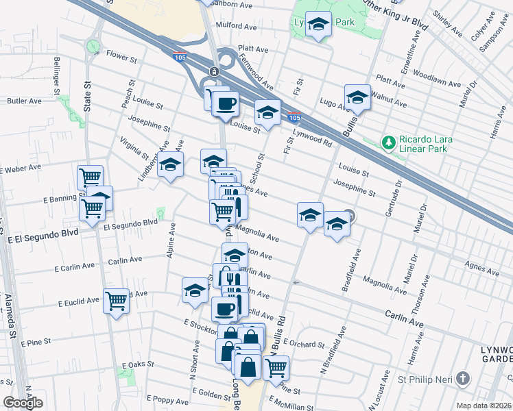 map of restaurants, bars, coffee shops, grocery stores, and more near 3617 Cedar Avenue in Lynwood
