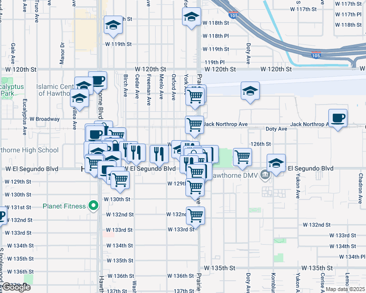 map of restaurants, bars, coffee shops, grocery stores, and more near 12605 York Avenue in Hawthorne