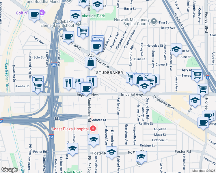 map of restaurants, bars, coffee shops, grocery stores, and more near 11101 Imperial Highway in Norwalk