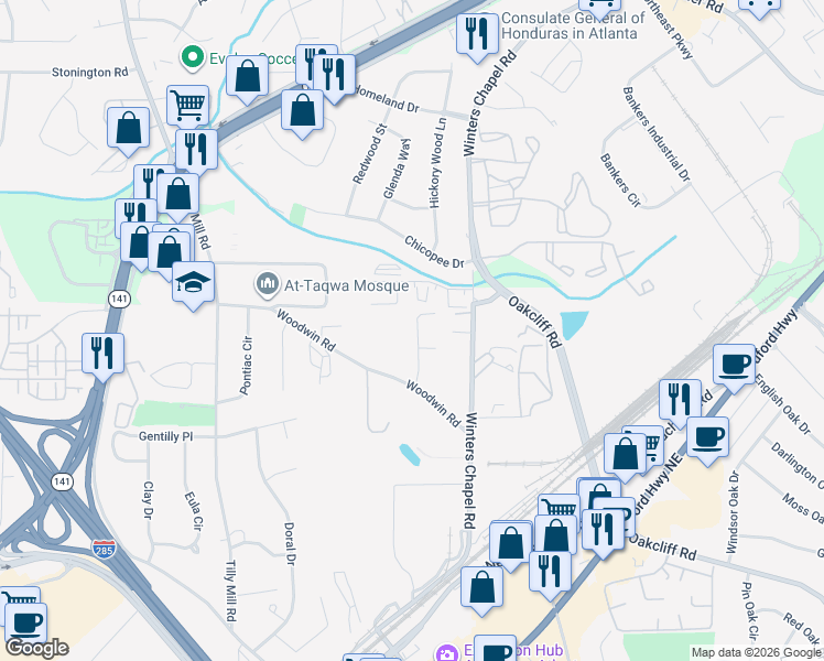 map of restaurants, bars, coffee shops, grocery stores, and more near 2836 Woodwin Road in Atlanta
