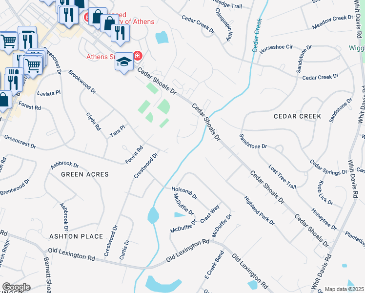 map of restaurants, bars, coffee shops, grocery stores, and more near 290 Laurie Drive in Athens