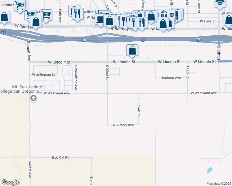 map of restaurants, bars, coffee shops, grocery stores, and more near 2079 West Westward Avenue in Banning
