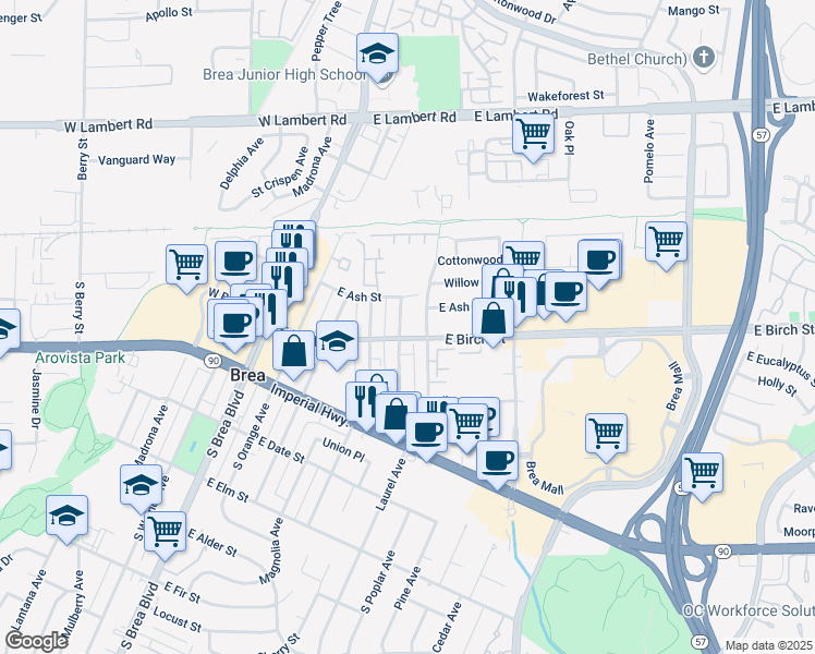 map of restaurants, bars, coffee shops, grocery stores, and more near 176 Laurel Avenue in Brea