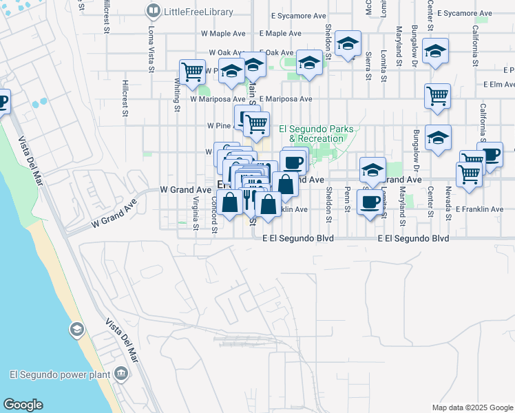 map of restaurants, bars, coffee shops, grocery stores, and more near 201 Main Street in El Segundo