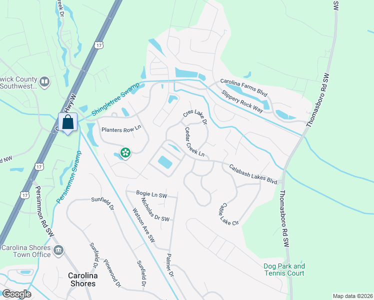 map of restaurants, bars, coffee shops, grocery stores, and more near 3055 Cedar Creek Lane in Calabash