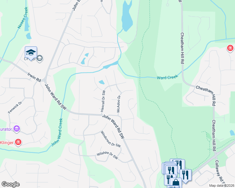 map of restaurants, bars, coffee shops, grocery stores, and more near 1511 McAdoo Drive in Marietta