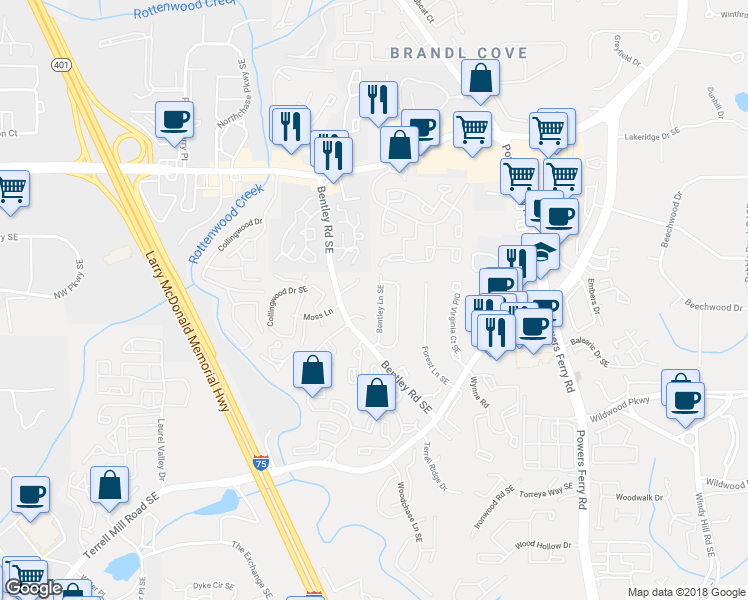 map of restaurants, bars, coffee shops, grocery stores, and more near 1470 Bentley Lane Southeast in Marietta