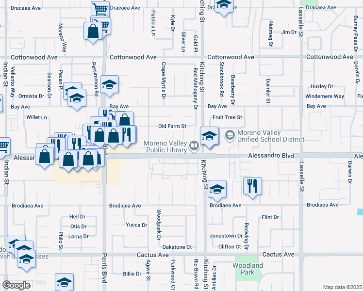 map of restaurants, bars, coffee shops, grocery stores, and more near 13970 Elmwood Court in Moreno Valley