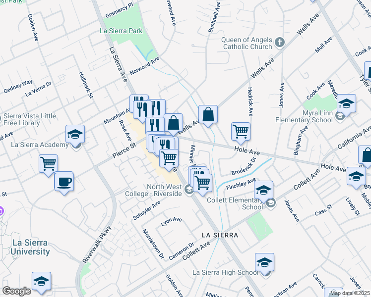 map of restaurants, bars, coffee shops, grocery stores, and more near 11023 Whitford Ave in Riverside