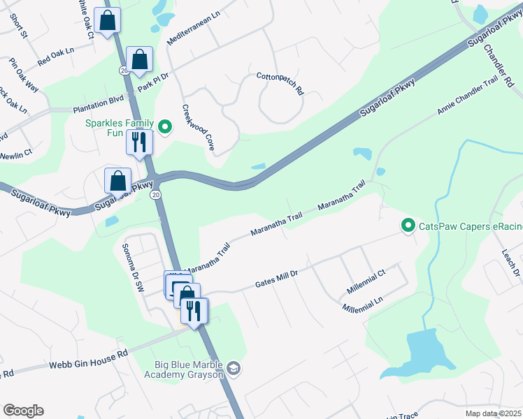 map of restaurants, bars, coffee shops, grocery stores, and more near 140 Maranatha Trail in Lawrenceville