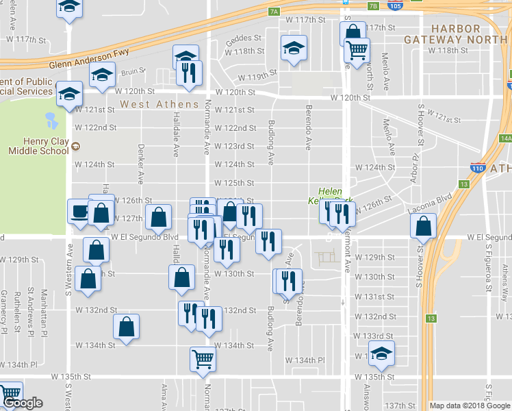 map of restaurants, bars, coffee shops, grocery stores, and more near 1226 West 126th Street in Los Angeles