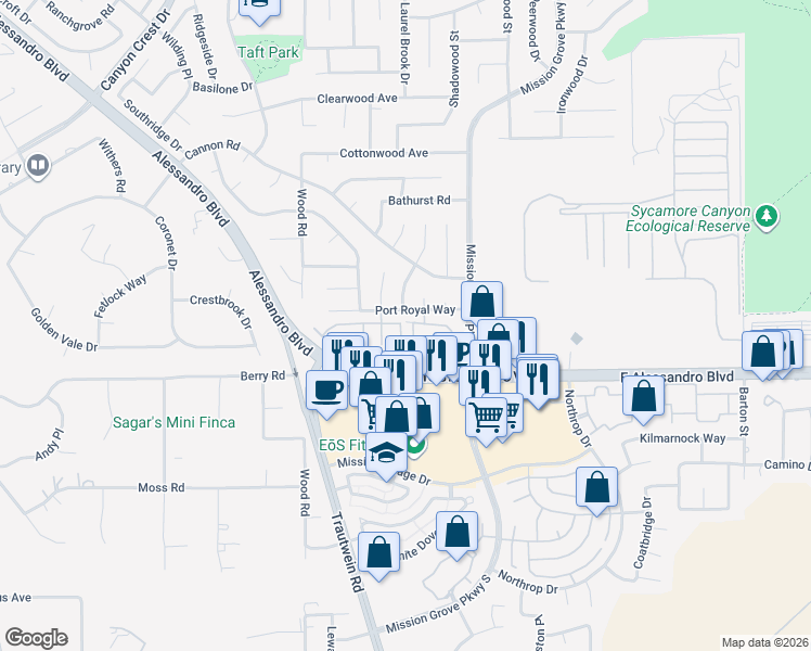 map of restaurants, bars, coffee shops, grocery stores, and more near 7328 Barnstable Place in Riverside