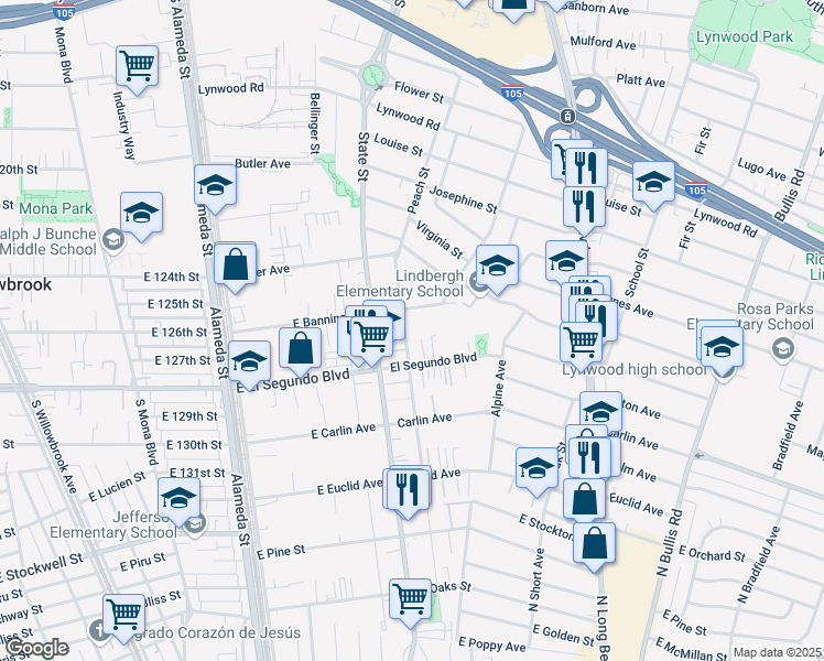 map of restaurants, bars, coffee shops, grocery stores, and more near 12044 Peach Street in Lynwood