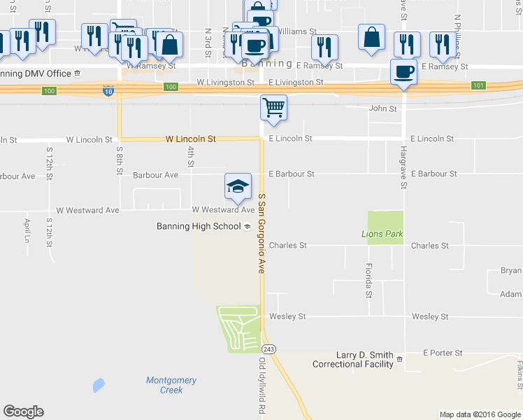 map of restaurants, bars, coffee shops, grocery stores, and more near 0 West Westward Avenue in Banning