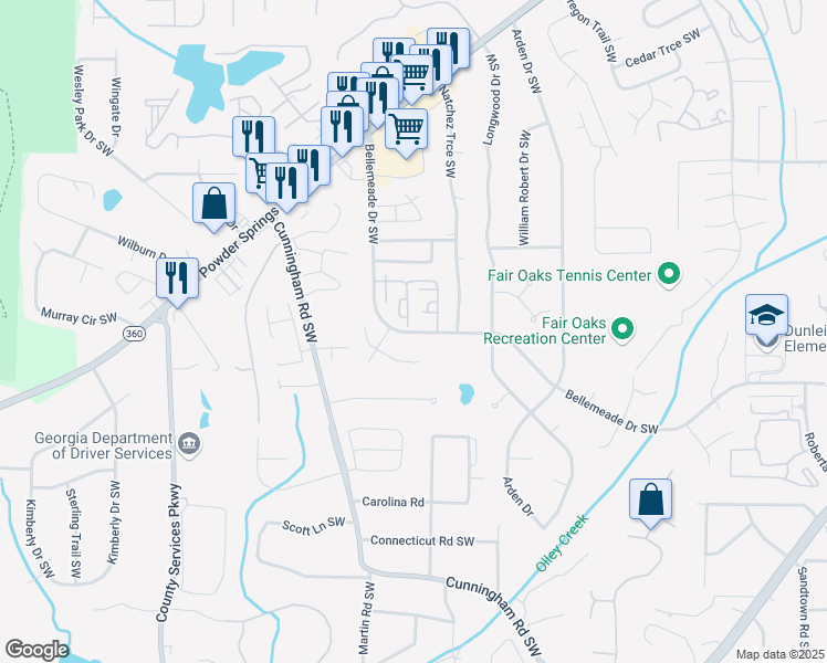 map of restaurants, bars, coffee shops, grocery stores, and more near 1339 Old Coach Road Southwest in Marietta