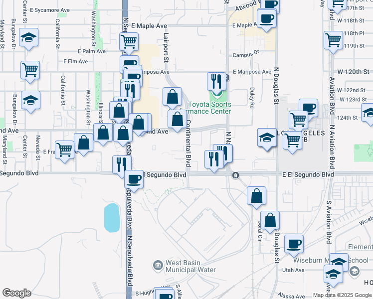 map of restaurants, bars, coffee shops, grocery stores, and more near 199 Continental Boulevard in El Segundo