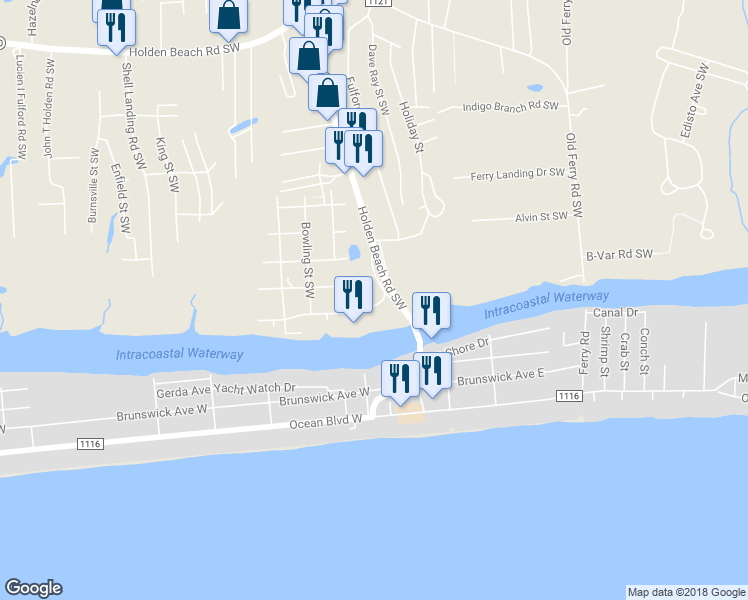 map of restaurants, bars, coffee shops, grocery stores, and more near 1308 Cedar Landing Road Southwest in Supply