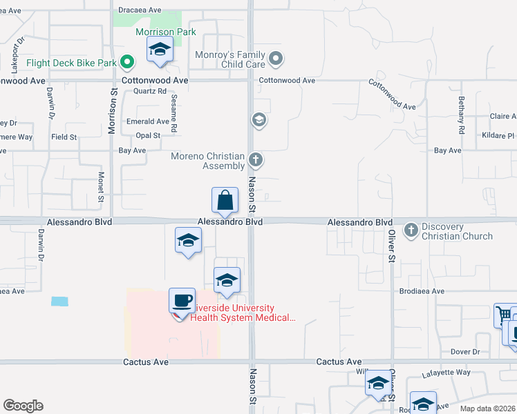 map of restaurants, bars, coffee shops, grocery stores, and more near 13980 Nason Street in Moreno Valley