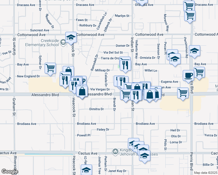 map of restaurants, bars, coffee shops, grocery stores, and more near 24298 Via Vargas Drive in Moreno Valley