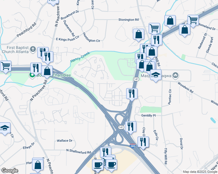 map of restaurants, bars, coffee shops, grocery stores, and more near 4251 Spruce Pine Alley in Doraville