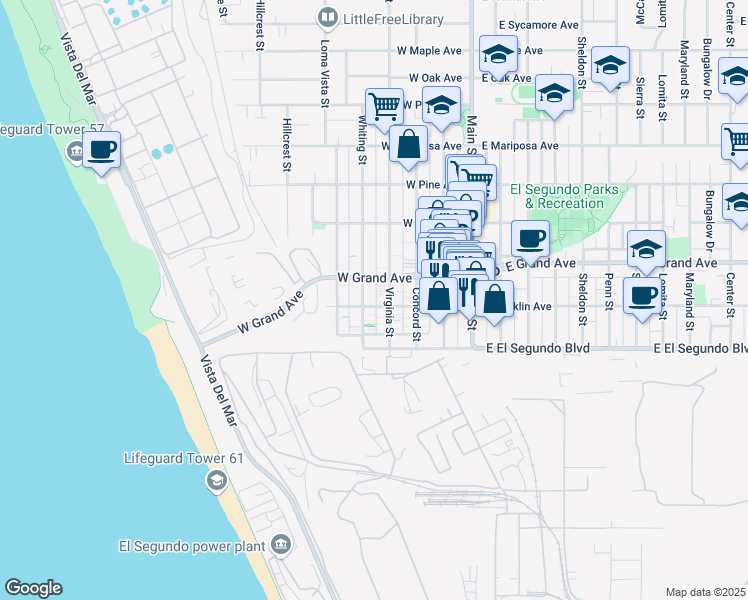 map of restaurants, bars, coffee shops, grocery stores, and more near 417 West Franklin Avenue in El Segundo