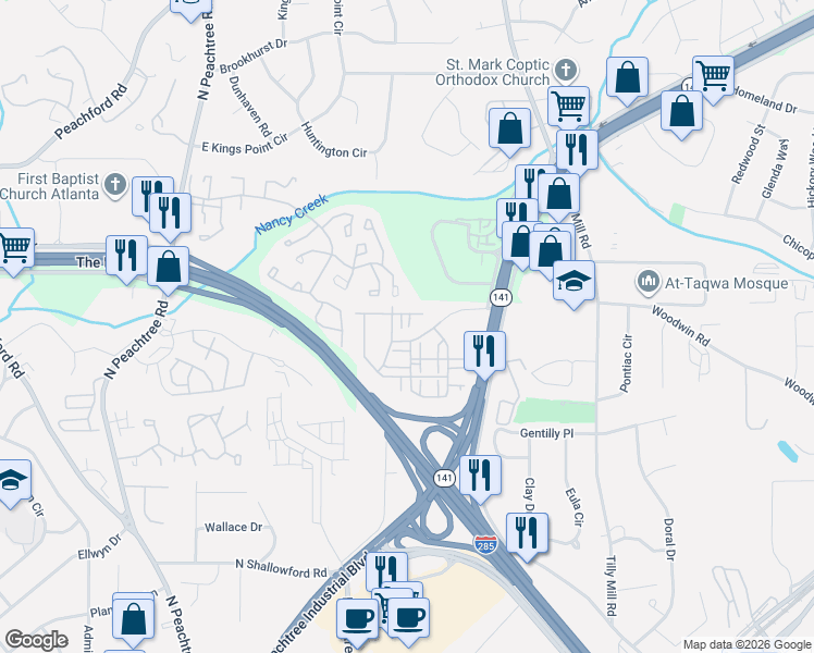 map of restaurants, bars, coffee shops, grocery stores, and more near 4251 Spruce Pine Alley in Doraville