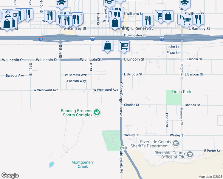 map of restaurants, bars, coffee shops, grocery stores, and more near 158 West Westward Avenue in Banning