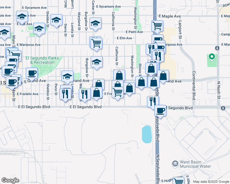 map of restaurants, bars, coffee shops, grocery stores, and more near 211 California Street in El Segundo