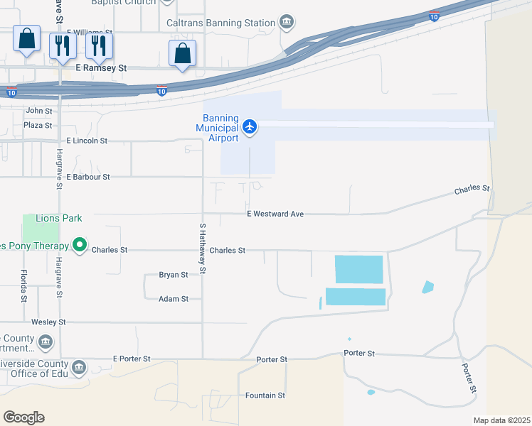 map of restaurants, bars, coffee shops, grocery stores, and more near 1973 East Westward Avenue in Banning