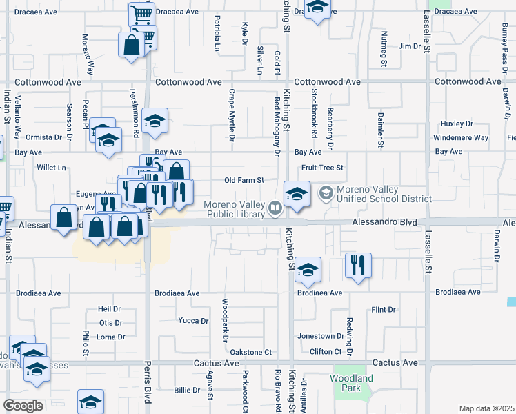 map of restaurants, bars, coffee shops, grocery stores, and more near 13970 Elmwood Court in Moreno Valley